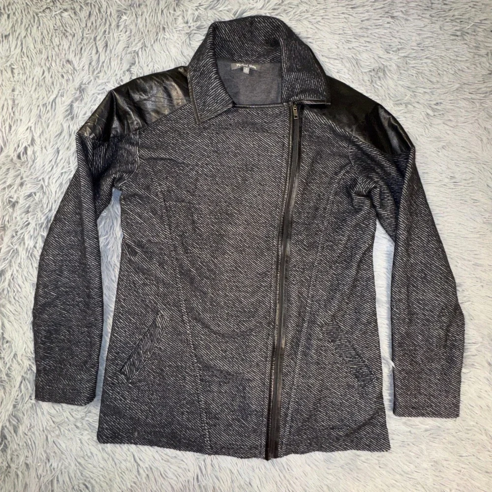 Michael Stars Women's Medium Black‎ White Herringbone Moto Jacket Leather Trim